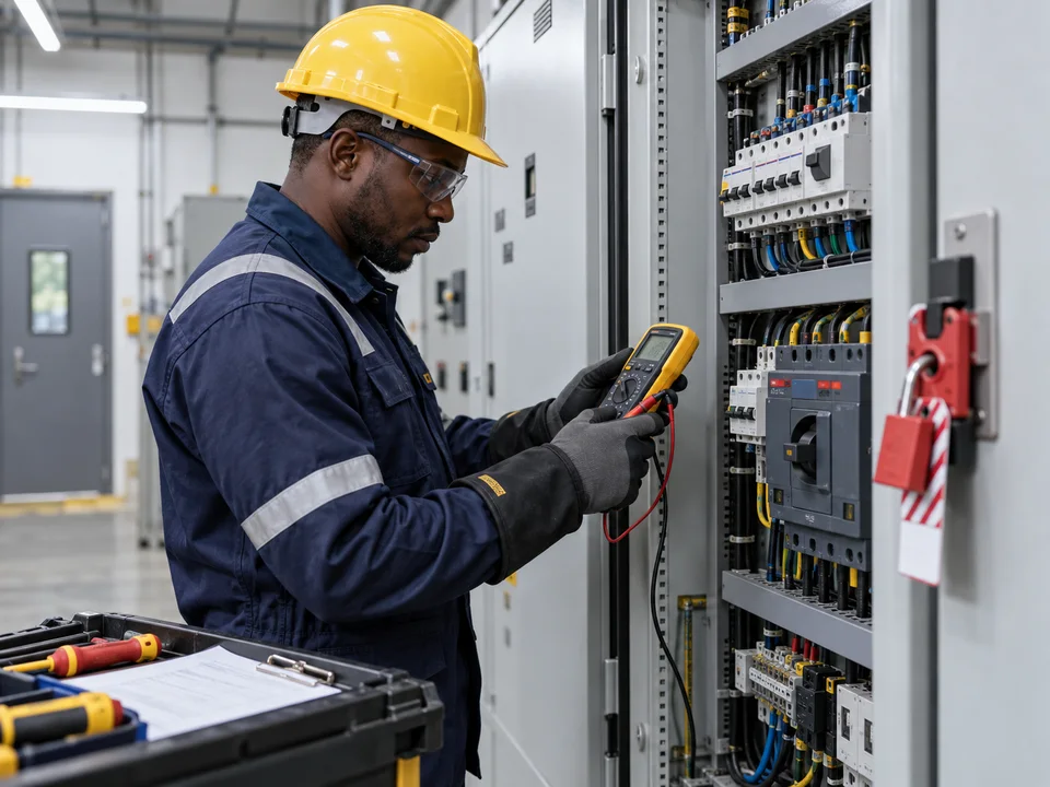 Technicien AFR.I.PRE.S effectuant un contrôle de sécurité électrique